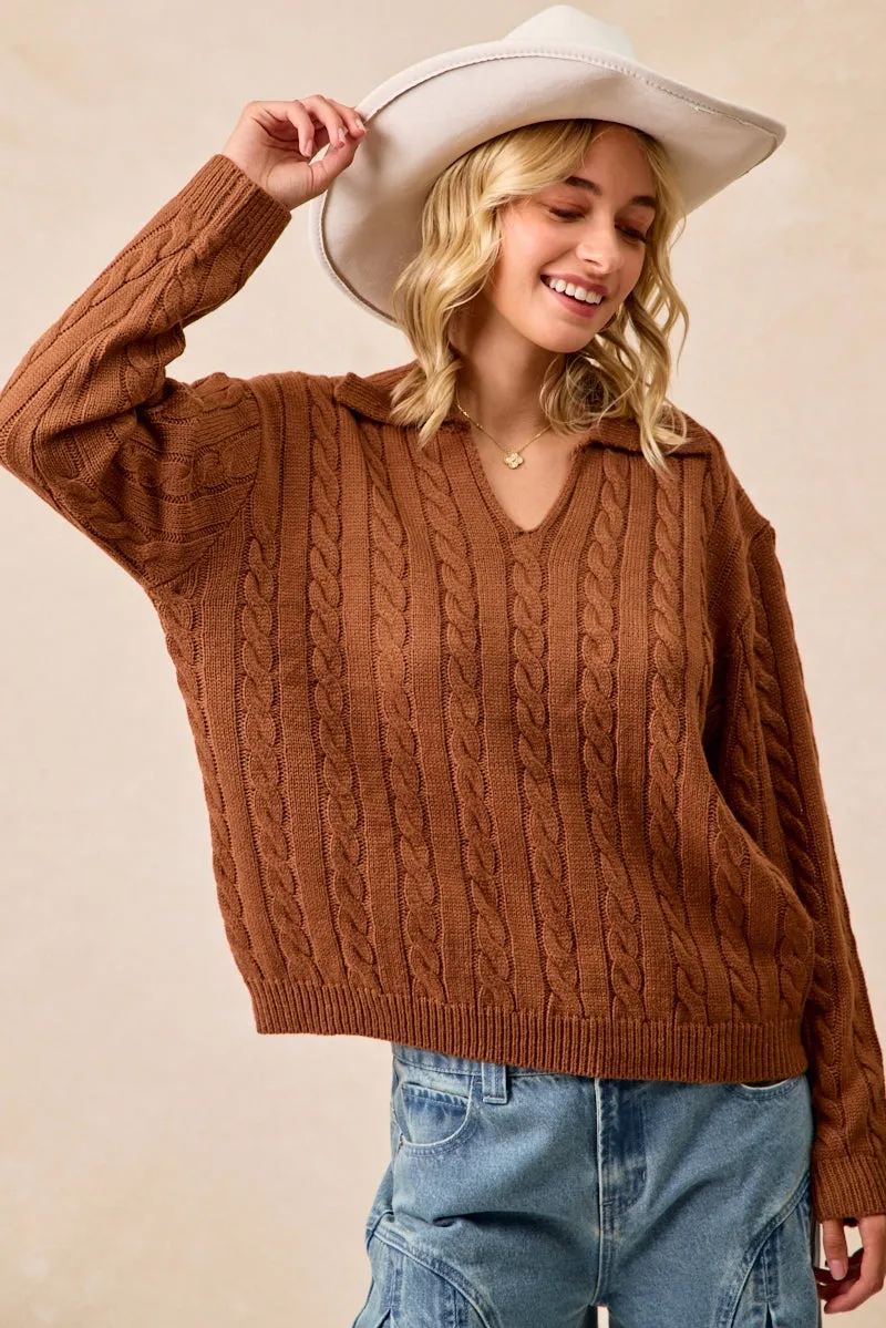 IT4493H-02 | CABLE KNIT SWEATER TOP WITH NECKDROP COLLARED Tear Resistant Fabric Blends Neutral Street Style