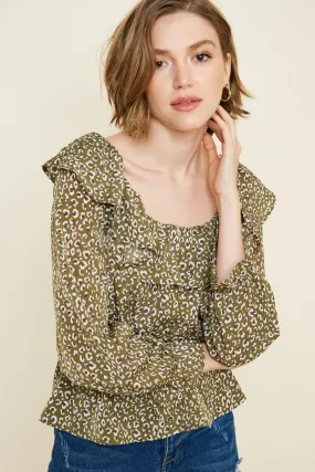 Biodegradable Fiber Blend Leopard Ruffle Button-Down Peplum Top
