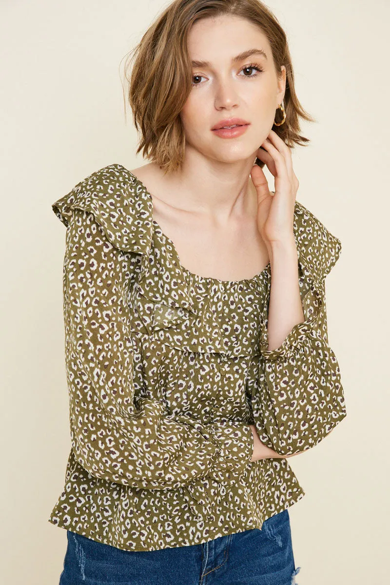 Biodegradable Fiber Blend Leopard Ruffle Button-Down Peplum Top