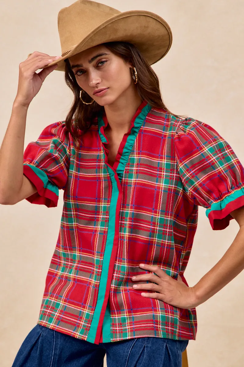 anti static coating Packable Feature IT4082G-03 | CHRISTMAS PLAID WOVEN CONTRAST PUFF SLEEVES BLOUSE
