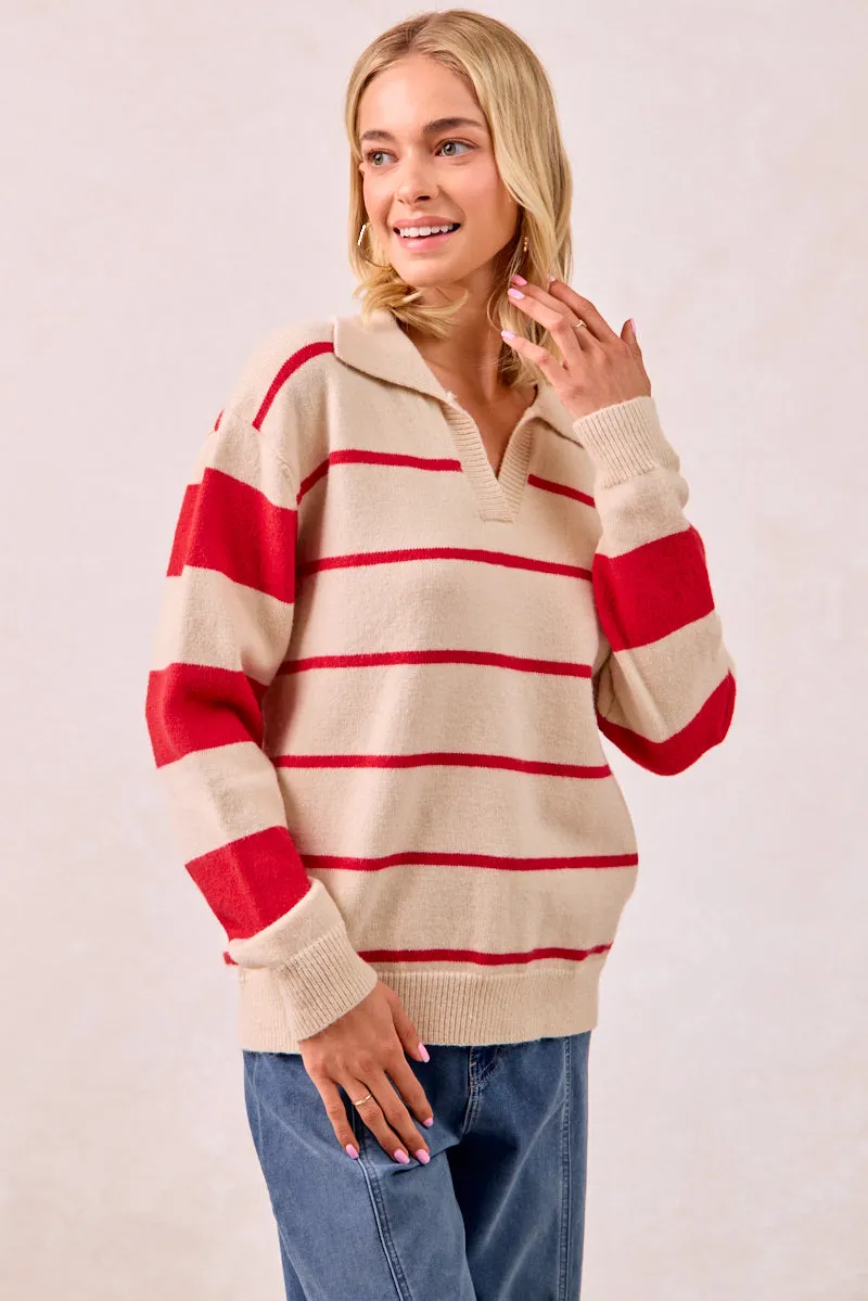 Effortless Travel Wear IT4312-01 | CONTRAST STRIPED SOLID KNIT SWEATER TOP