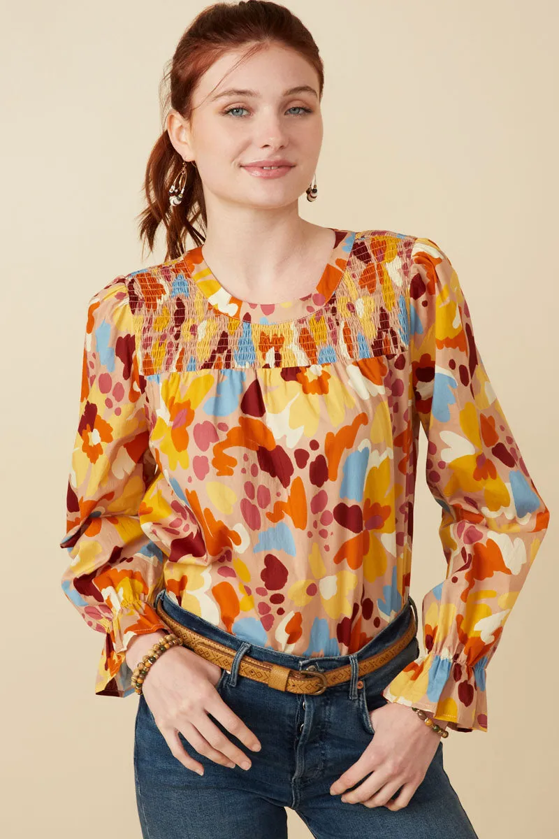 Abstract Floral Smocked Yoke Top Reinforced Shoulder Panels All Day Comfort