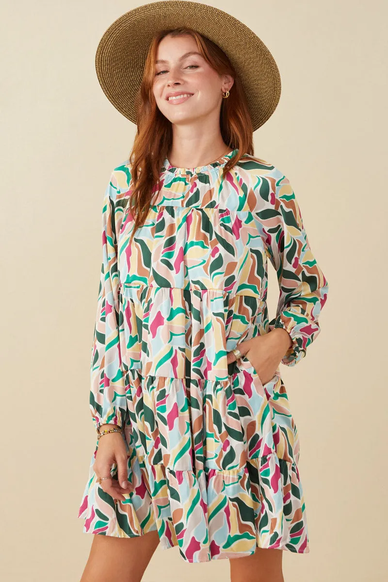 Transitional Style Refined Feel Abstract Floral Tiered Ruffle Neck Satin Dress