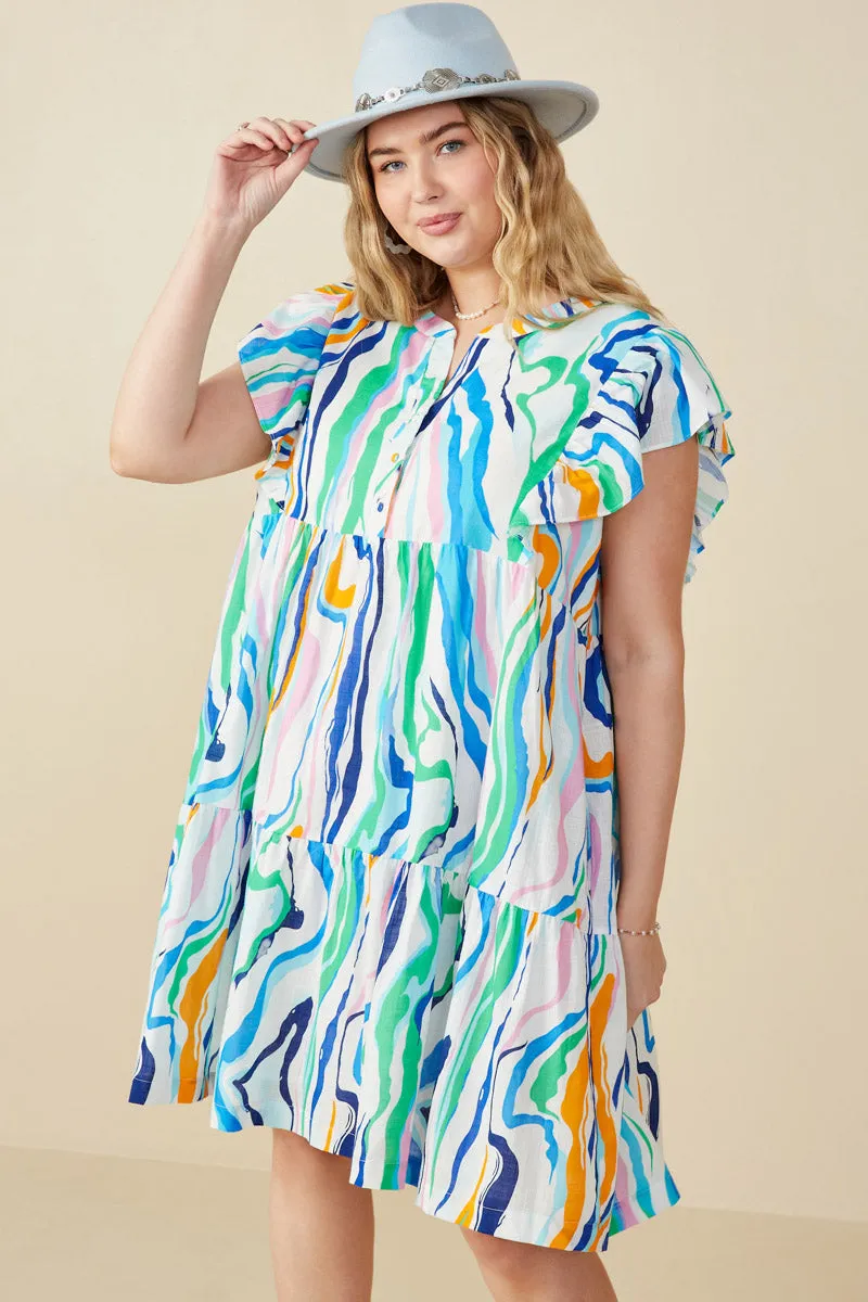 Casual weekend dress Abstract Lines Button Detail Ruffle Sleeve Dress