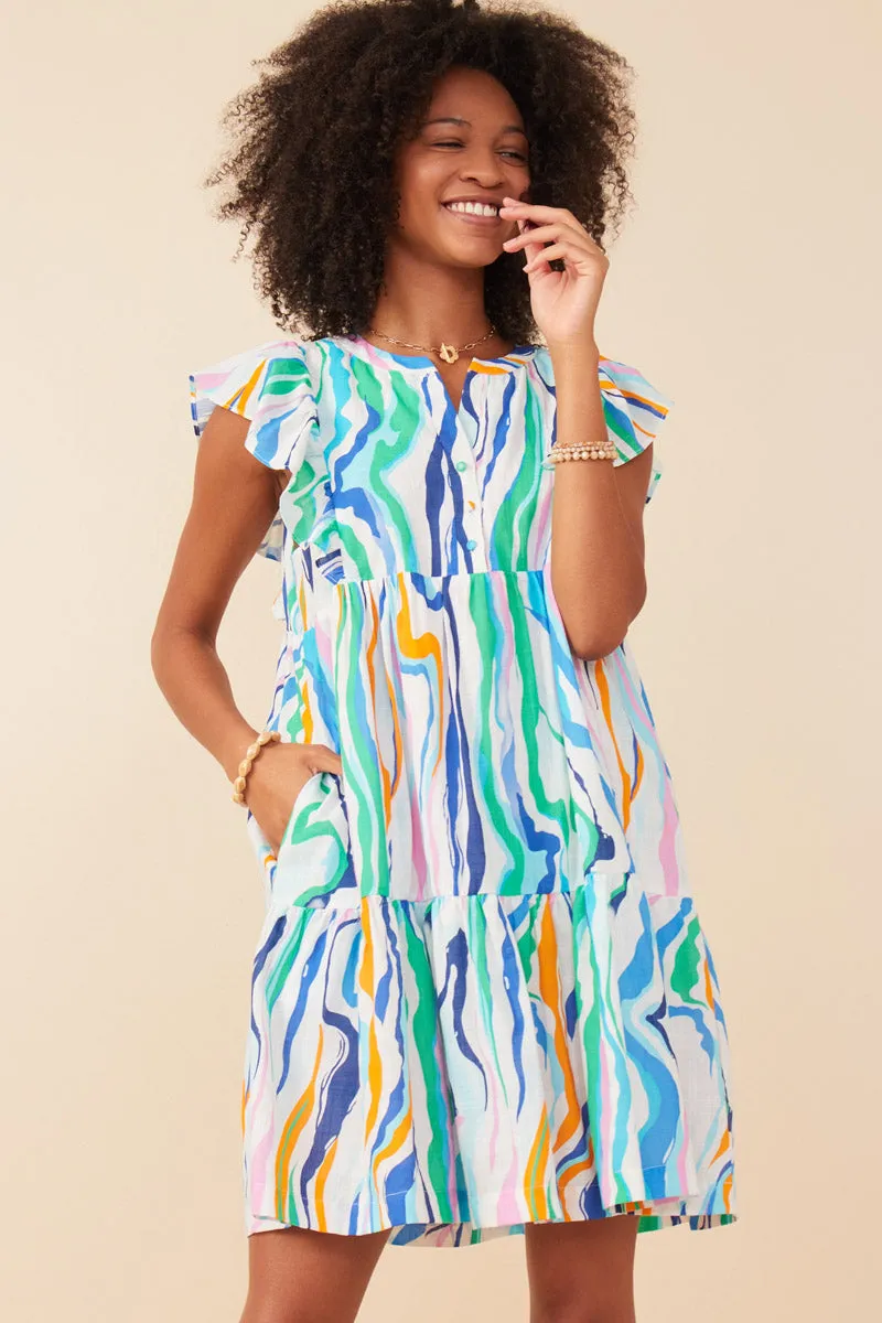 Abstract Lines Button Detail Ruffle Sleeve Dress Autumn Ready