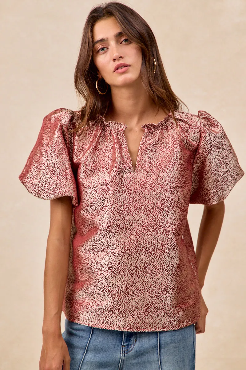 IT3435S-09 | JACQUARD WOVEN SHORT BALLOON SLEEVES V NECK TOP NonIrritatingSeams