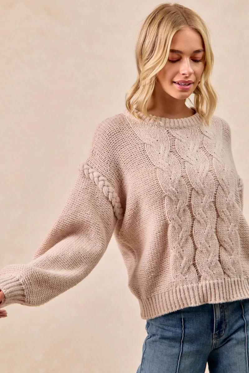 AllDayCompression Neutral Style IT4645S-01 | CABLE KNIT SWEATER TOP WITH SHOULDER BRAID DETAIL