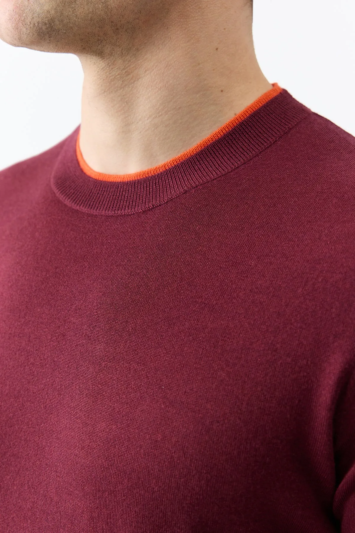 Wells Knit Sweater in Bordeaux & Spice Cashmere Silk Tencel Blend Fabric