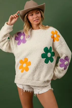 IT1508G-49 | MARDI GRAS COLORS FLOWER PATCHES FLEECE SWEATSHIRT HighRiseWaist