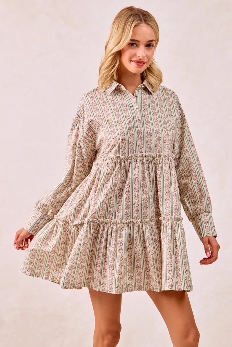 ElasticCuffs Back pockets ID2043K-01 | FLORAL STRIPED DRESS WITH TIERED RUFFLE DETAILS