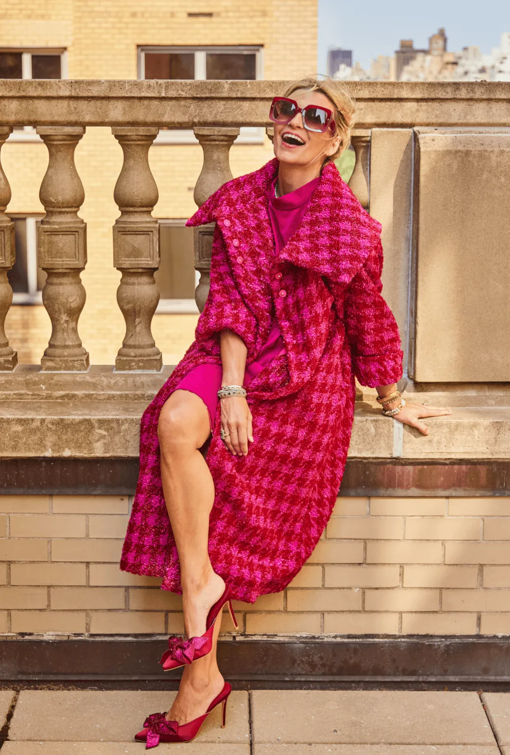 Weather Adaptive Ventilation Ergonomic Silhouette Belted Grace Coat - Pink & Red Tweed