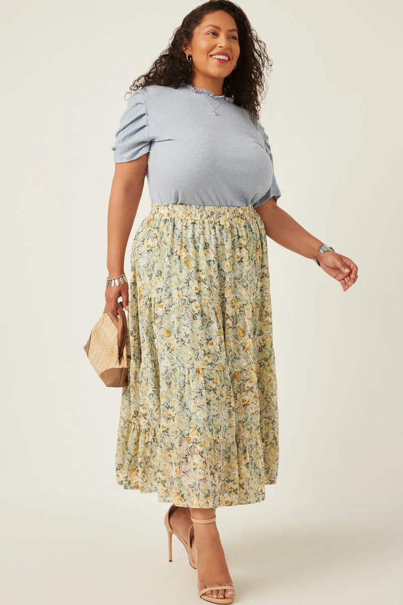 Chiffon Floral Tiered Elastic Waist Midi Skirt Smart Casual