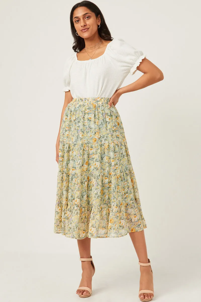 LowProfileWaistband Chiffon Floral Tiered Elastic Waist Midi Skirt