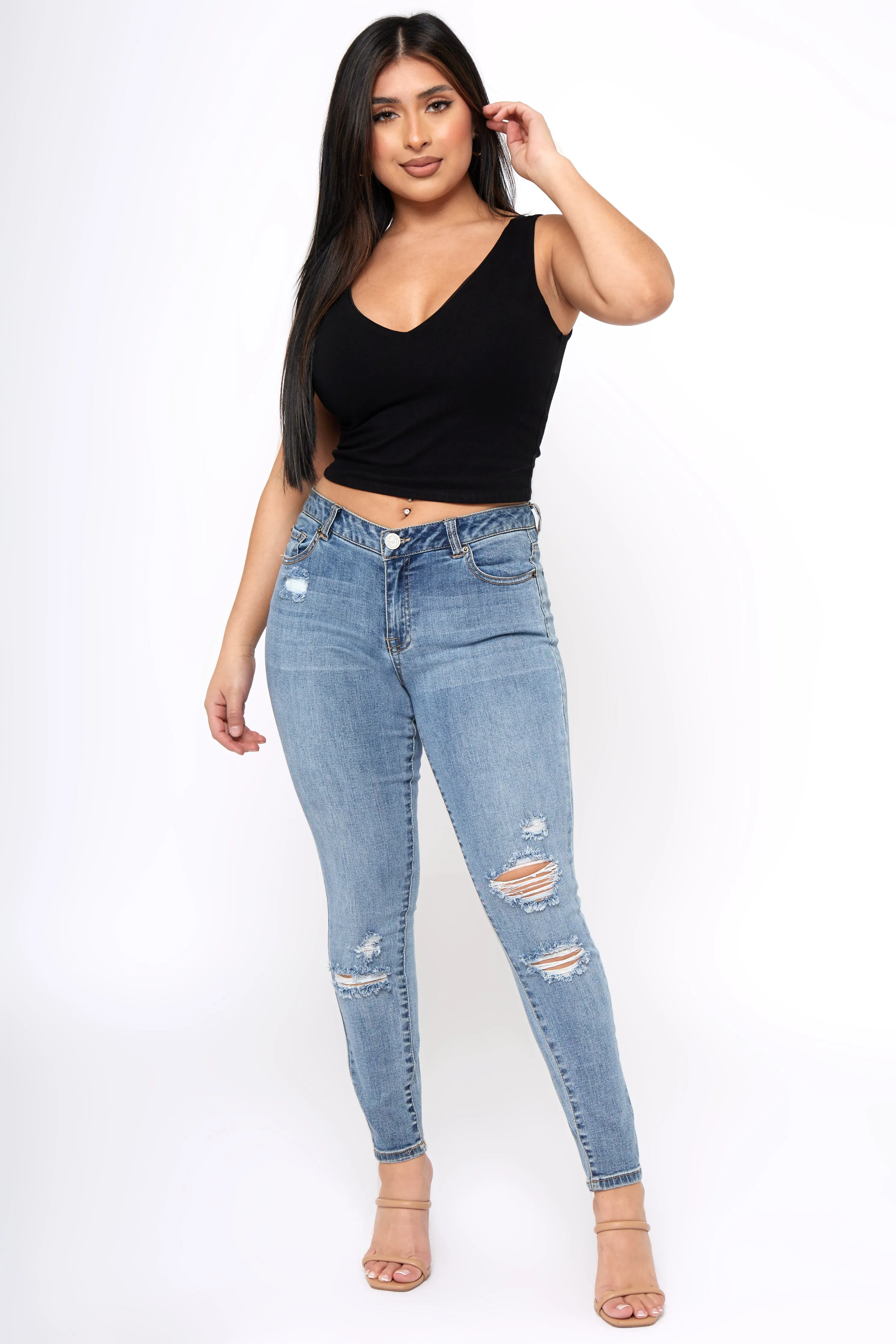 Destructed Skinny Mid Rise Ankle StaticResistantMaterial