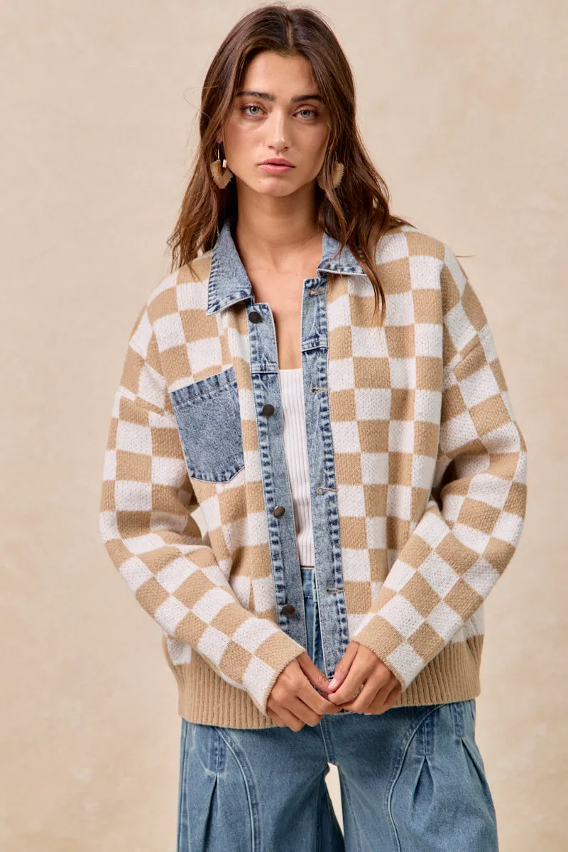 Relaxed Waist StretchFabric IT4420G-03 | WASHED DENIM MIX AND MATCH CHECKER SWEATER TOP