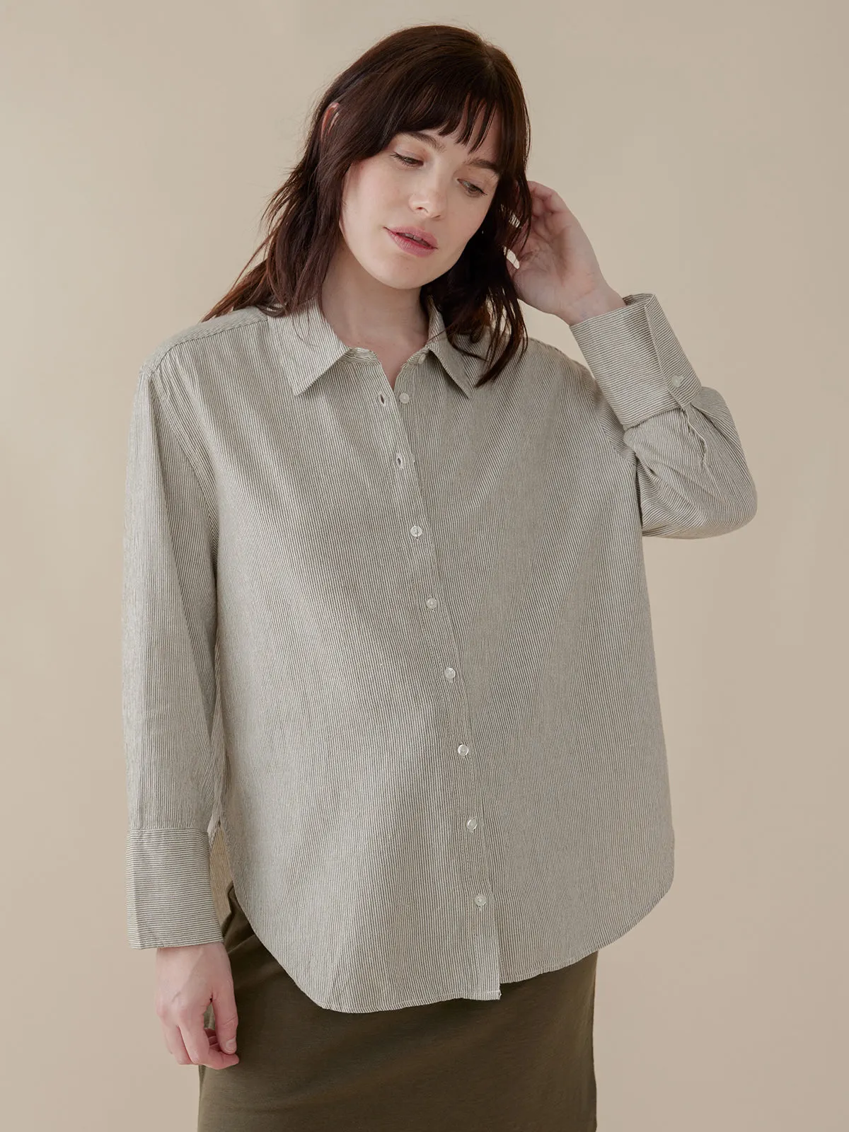 Mae Oversized Shirt - Olive Stripe Multipurpose Design