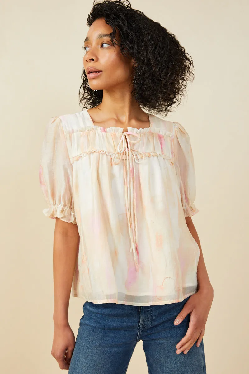 Watercolor Print Shirring Detail Tie Front Top Raglan Sleeve