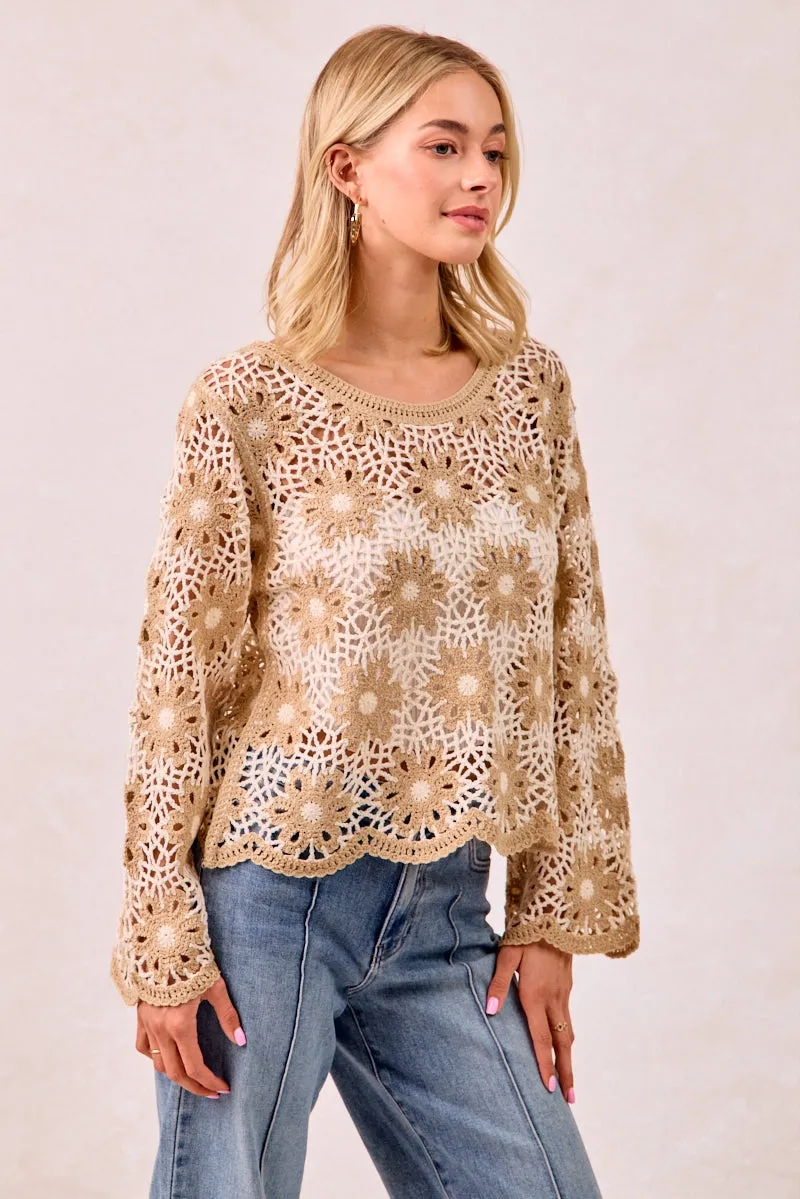 IT4411S-02 | FLOWER CROCHET KNIT TOP Ripstop Fabric Technology