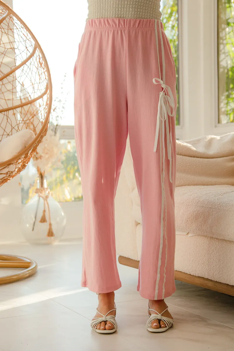IB1737-01 | SOLID ONE SIDE LINED AND BOW DETAIL ELASTIC WAISTBAND CASUAL WIDE PANTS Fade Resistant Dye Street Comfort
