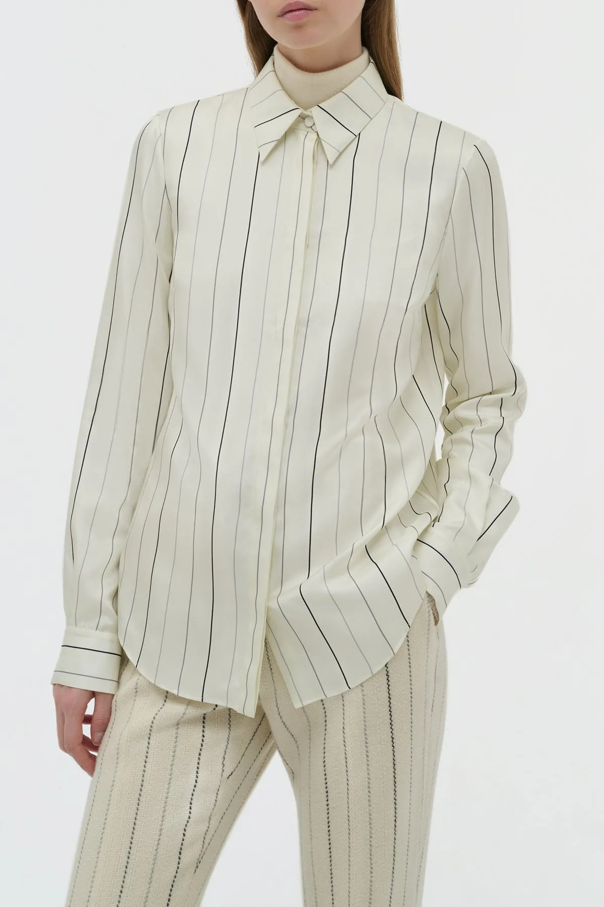 HighDurabilityWeave Henri Blouse in Ivory Multi Pinstripe Silk Twill