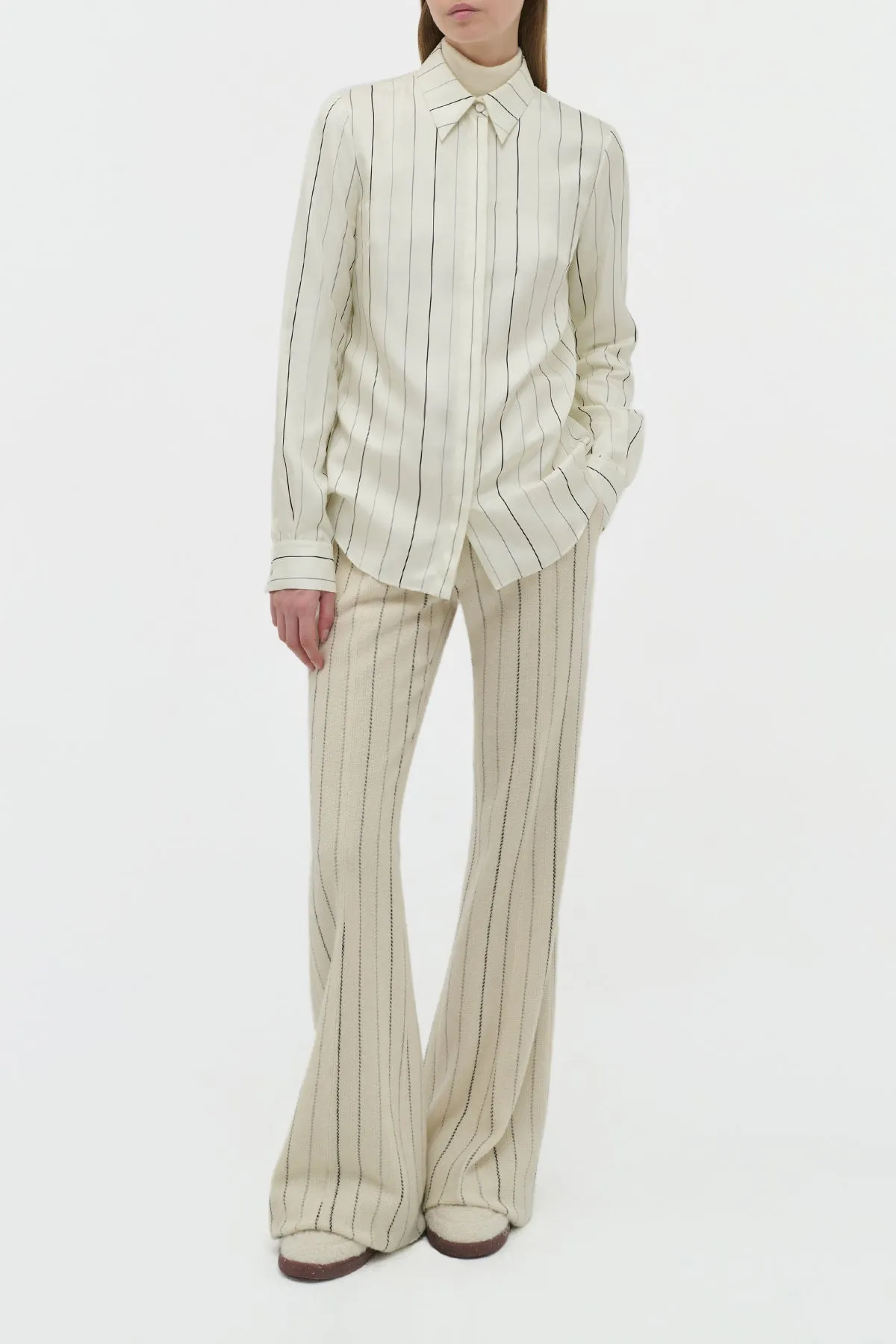 Henri Blouse in Ivory Multi Pinstripe Silk Twill WrinkleFree Weave
