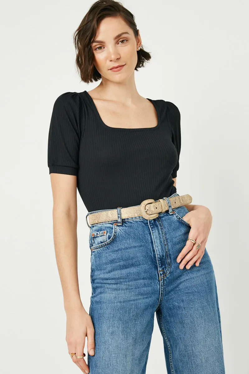 Square Neck Ribbed Knit Bodysuit FlexibleRibbedTrims Smooth Stitching