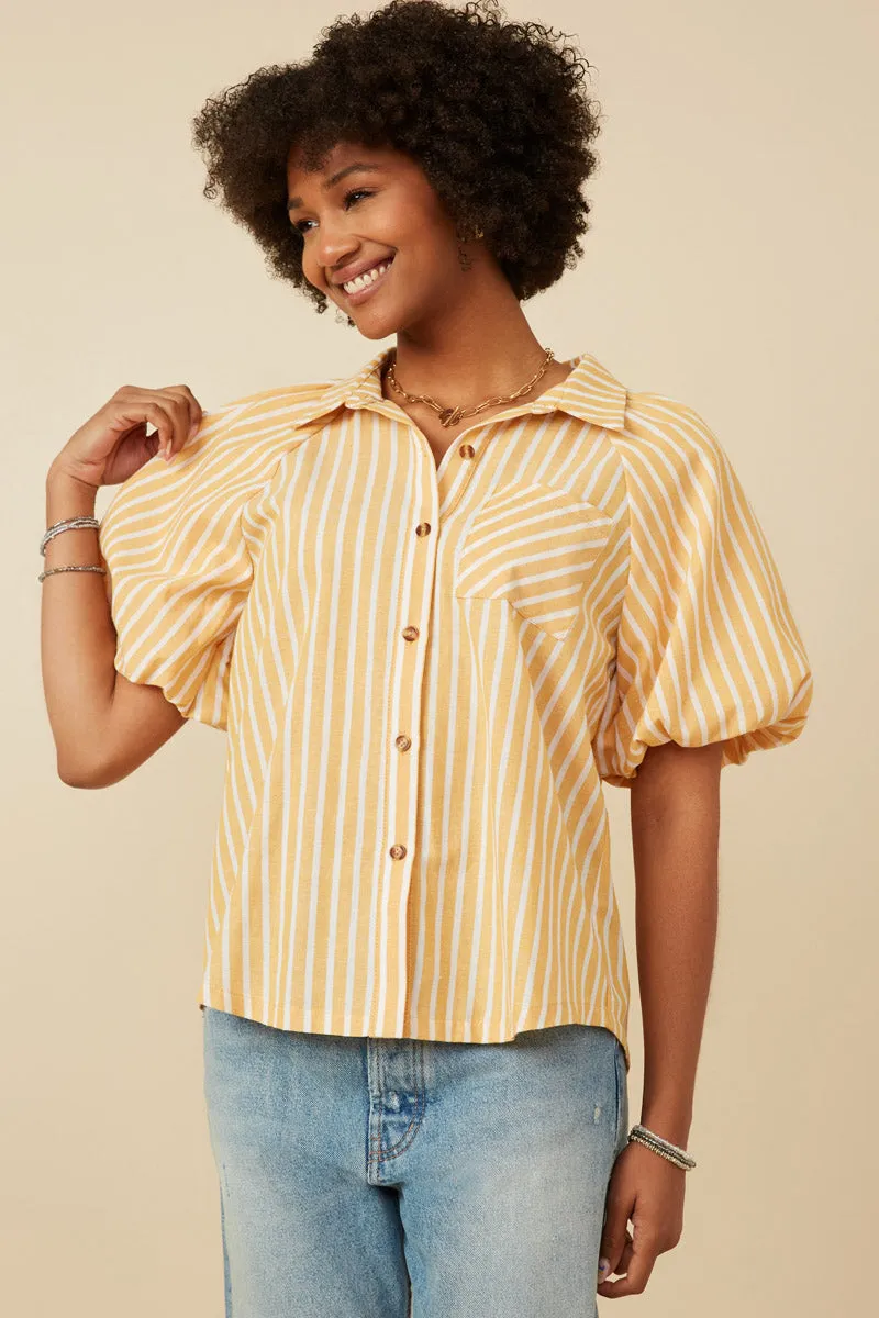 Womens Striped Puff Sleeve Button Up Poplin Shirt Lightweight Blouse