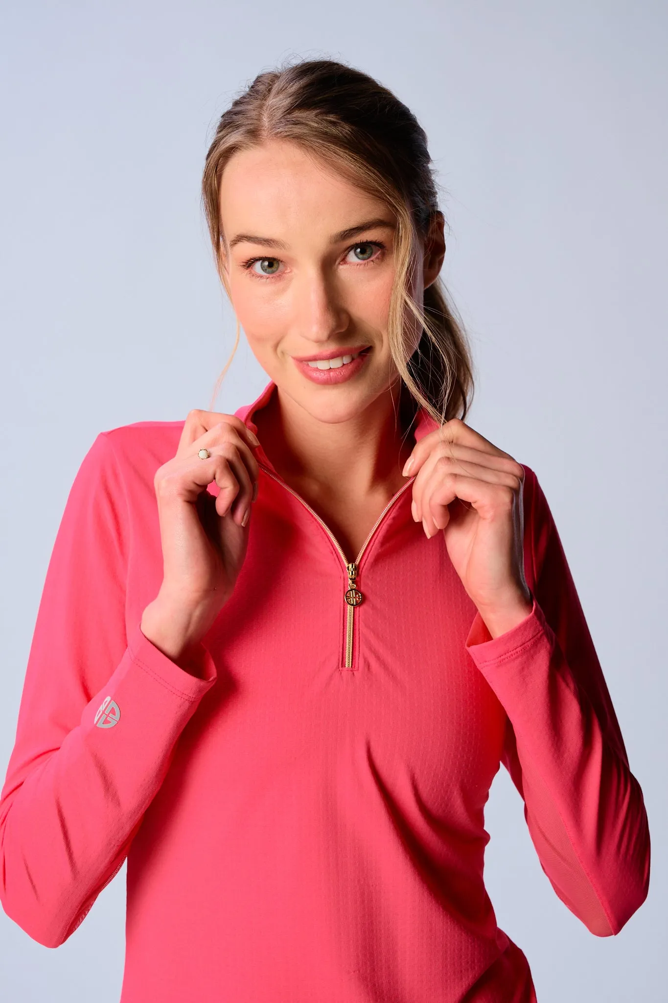 LayeredPanel ZeroWaste Construction Quarter Zip Sun Protection Top In Coral