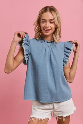 IT4240-01P | WASHED DENIM WITH RUFFLE DETAILS SHORT SLEEVES TOP Soft Touch Lining