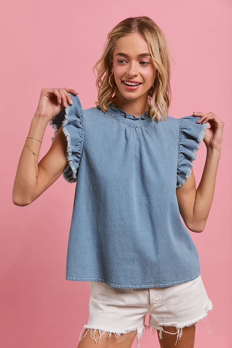 IT4240-01P | WASHED DENIM WITH RUFFLE DETAILS SHORT SLEEVES TOP Soft Touch Lining