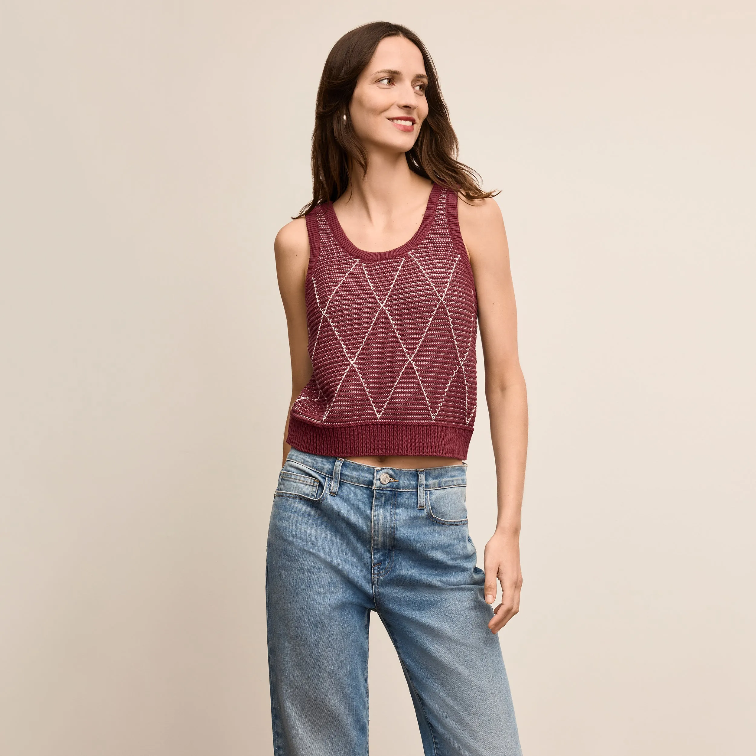 BoxyCrop Aiko Breeze Tank - Argyle Knit :: Red Umber
