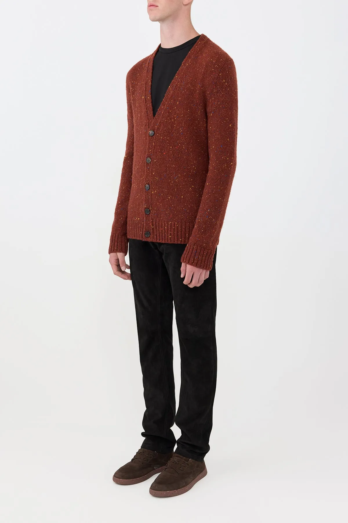 Ailis Knit Cardigan in Burnt Sienna Multi Speckle Cashmere Lightweight Knit Ribbed Hem