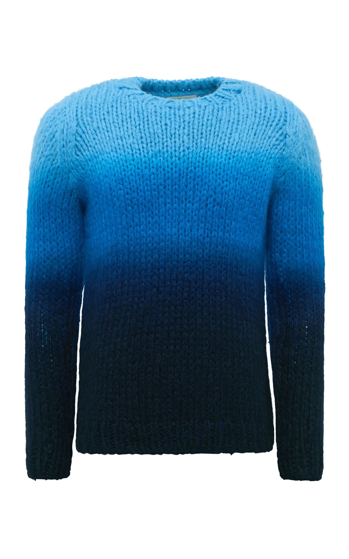 Aion Knit Sweater in Deep Dye Sky Blue Welfat Cashmere Flexible Seam Structure Home Layer