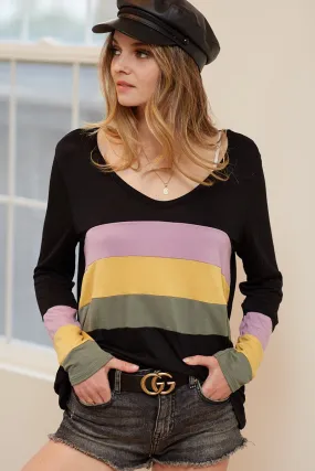 BT1185-29 | MARDI CRAS STRIPE GRAPHIC LONG SLEEVE KNIT TOP CompressionSupportWeave BreathableMoistureBarrier