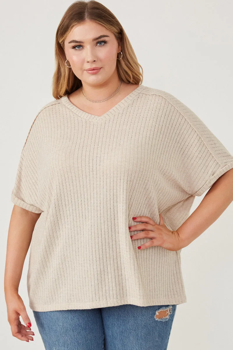 Anti Pill Finish Airy Mesh Lining Textured Ribbed Knit Double V Neck Boxy Top