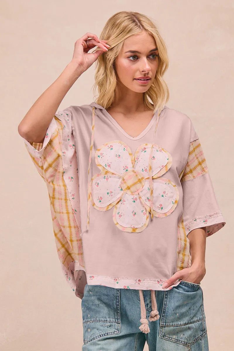 Taped Seam Construction IT4390-01 | MIX AND MATCHED WITH FLORAL PATCH SHORT SLEEVES HOODIE TOP