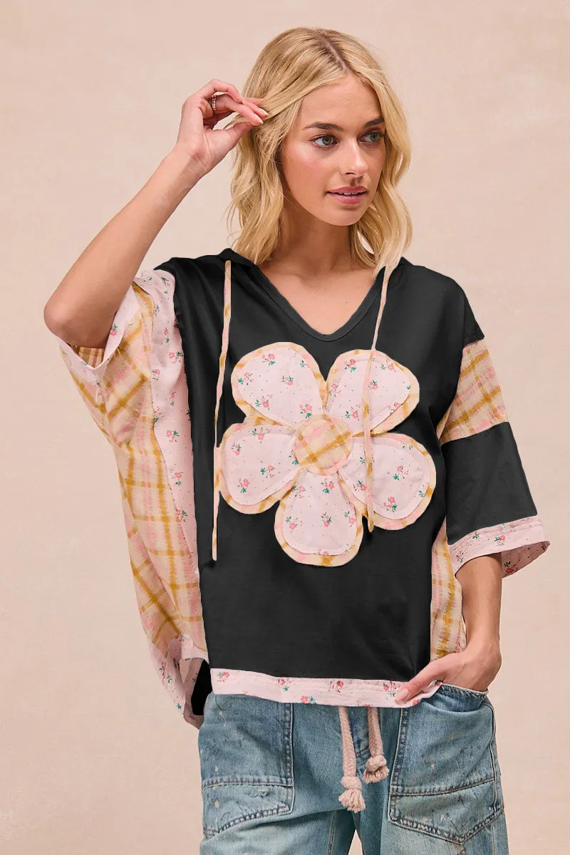 IT4390-01 | MIX AND MATCHED WITH FLORAL PATCH SHORT SLEEVES HOODIE TOP Heat Sealed Edges
