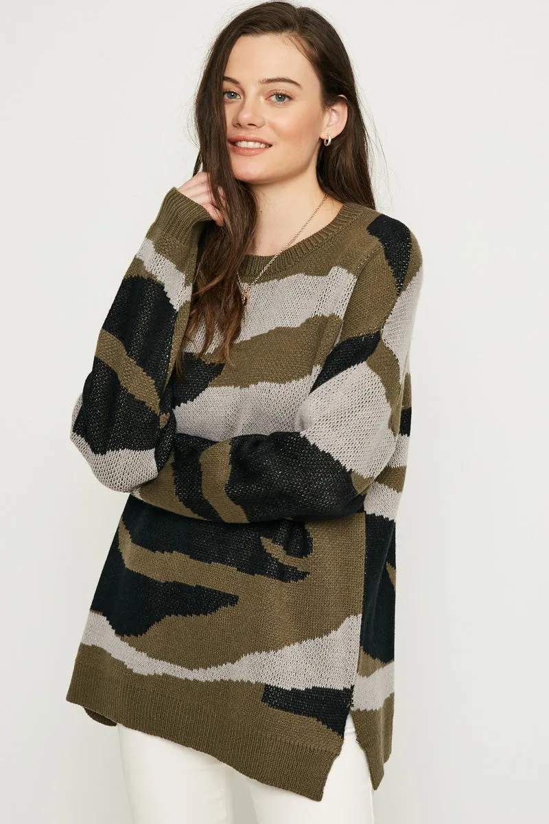 Camo Knit Sweater Bonded Collars