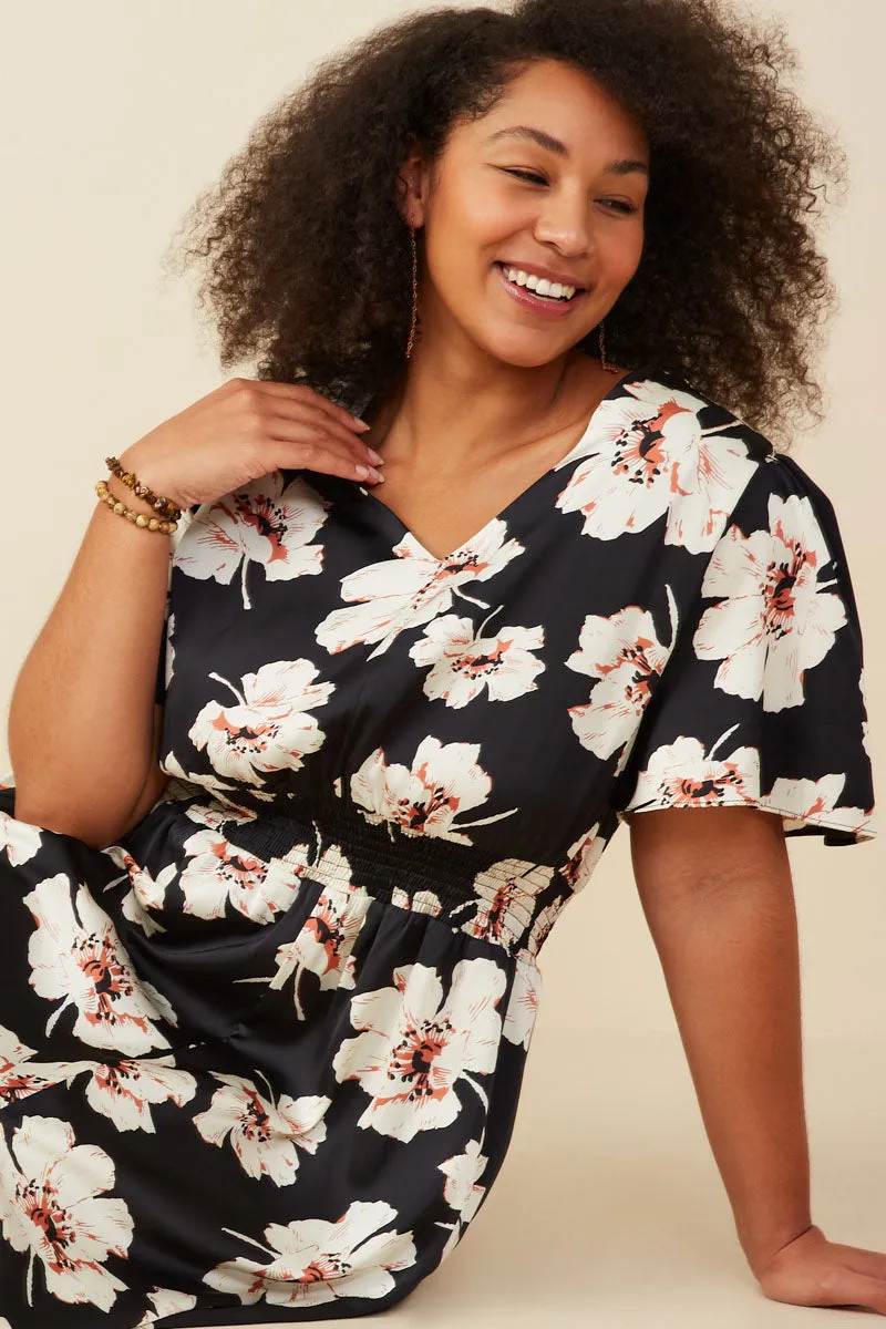 Romantic Floral Smocked Waist Slit Detail Dress Smooth Drape Garden Fresh