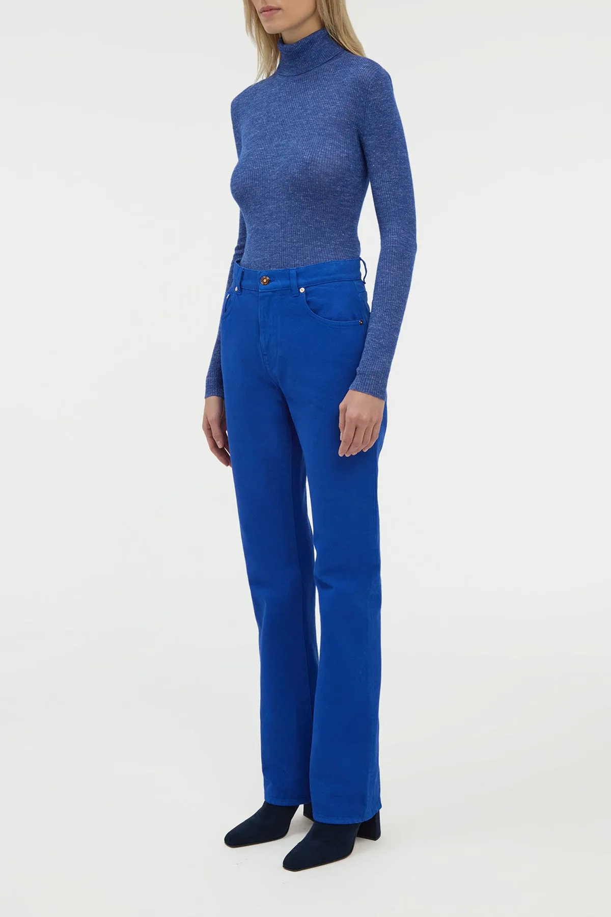 Aldona Knit Turtleneck in Cobalt Cashmere Silk with Hemp Basic Sweatshirt Low Profile Zipper