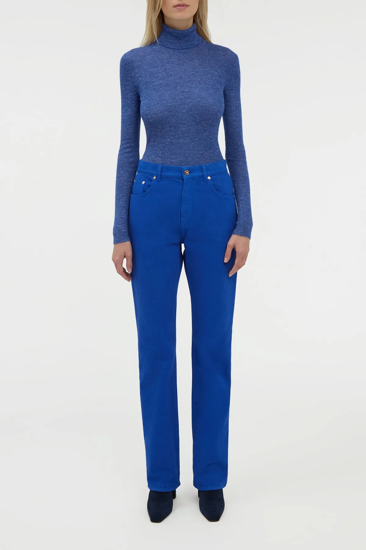 Seamless Construction Design Flatlock Seams Aldona Knit Turtleneck in Cobalt Cashmere Silk with Hemp