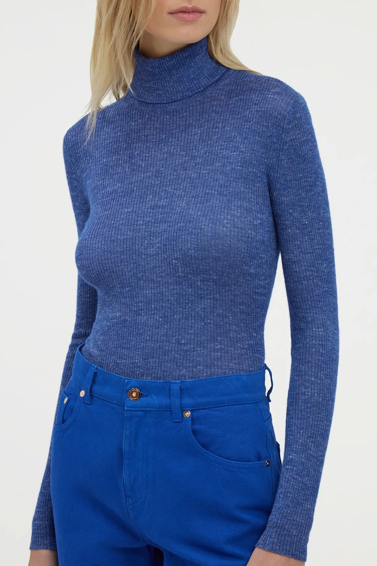OdorResistant Fabric SeamlessKnitConstruction Aldona Knit Turtleneck in Cobalt Cashmere Silk with Hemp
