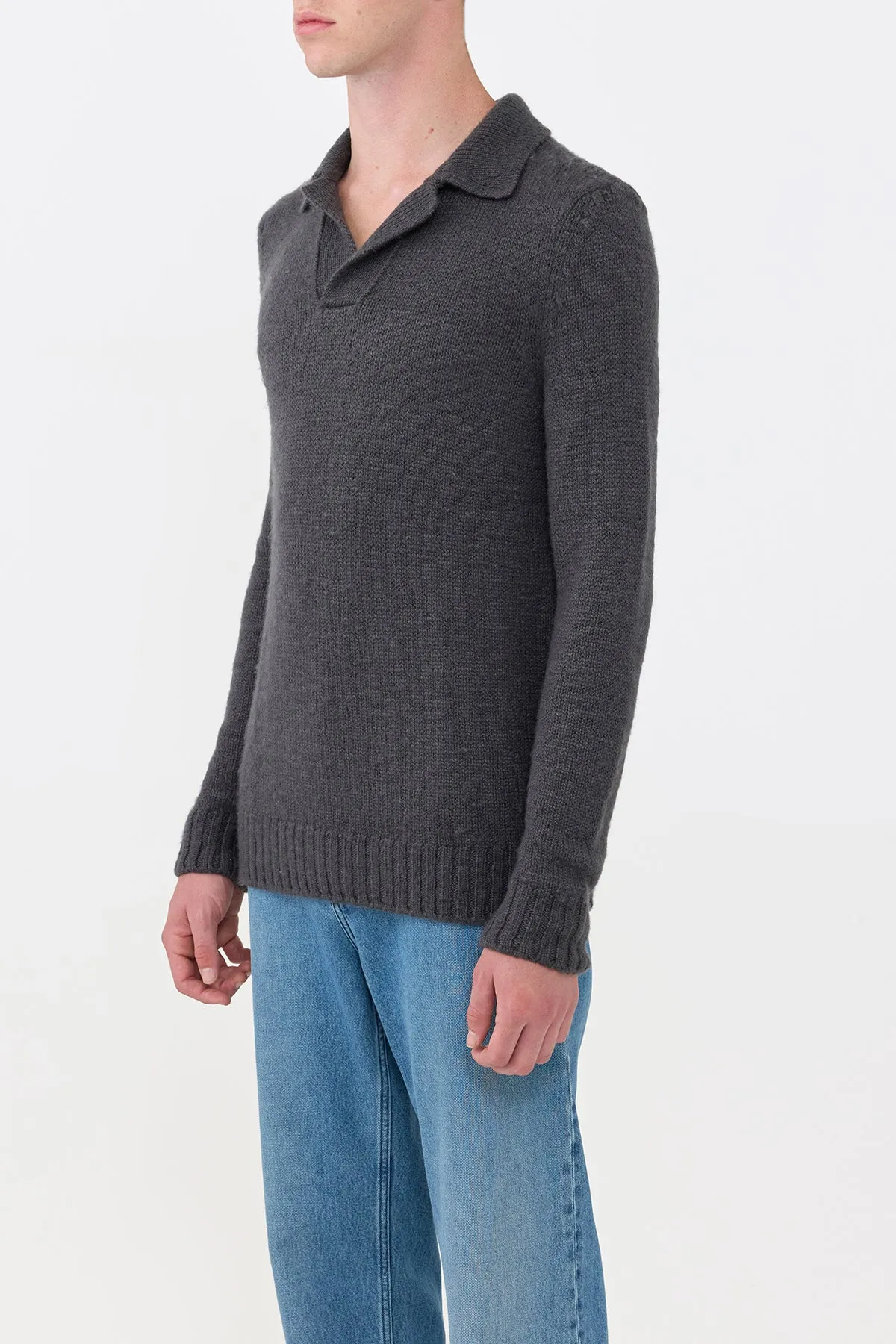 Aled Knit Polo in Charcoal Cashmere LanolinFree Wool Processing Evening Wear