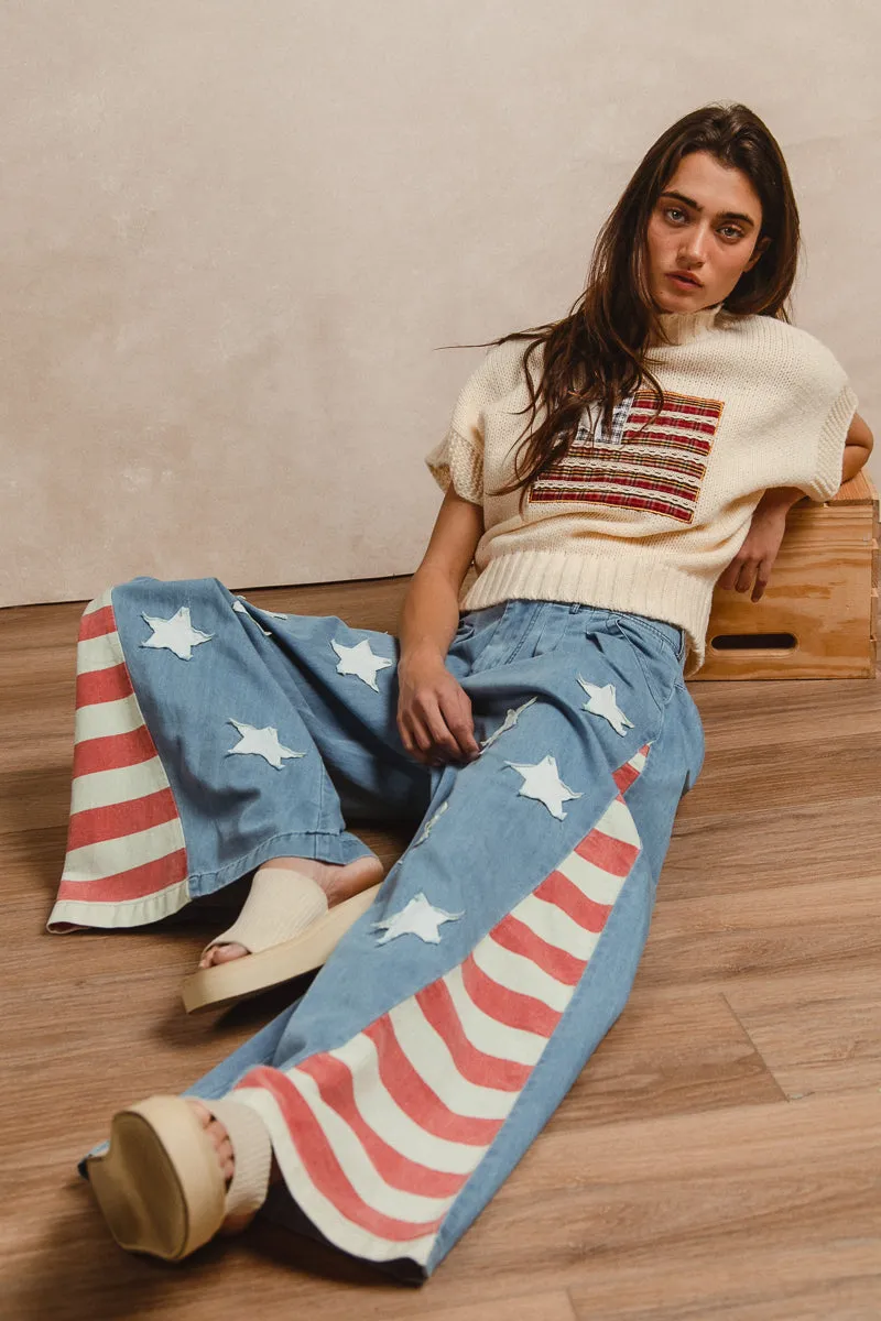 FadeResistant IB1476G-09 | VINTAGE WASHED AMERICAN FLAG THEME STAR PATCHES WIDE CHAMBRAY PANTS