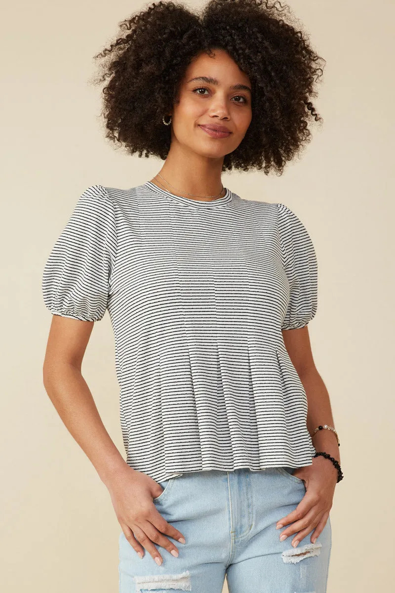 Pleat Detail Striped Knit Top Tailored Silhouette