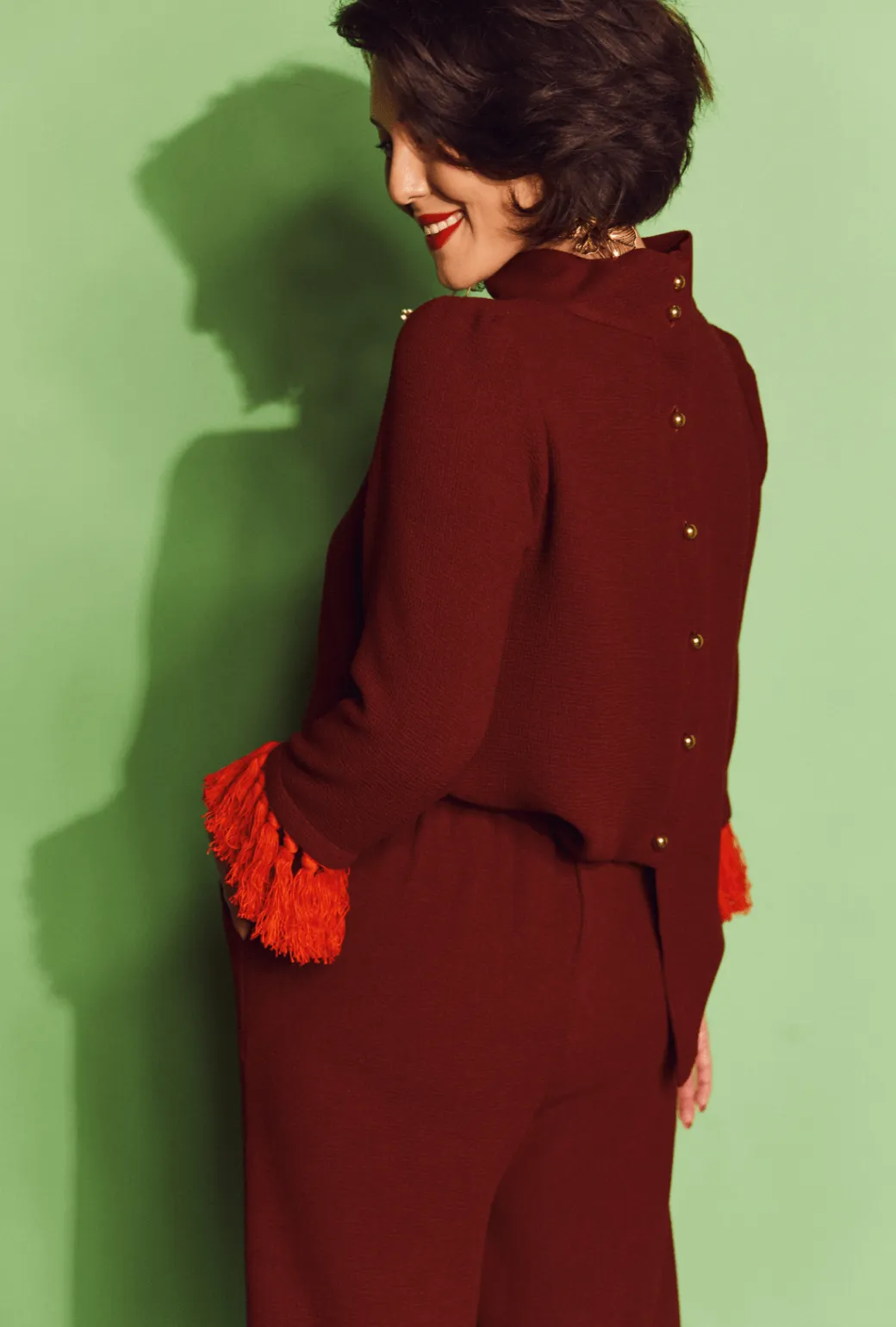 BondedShoulderTaping WrinkleResistantFinish Tasseled Lounge Top  - Maroon & Orange