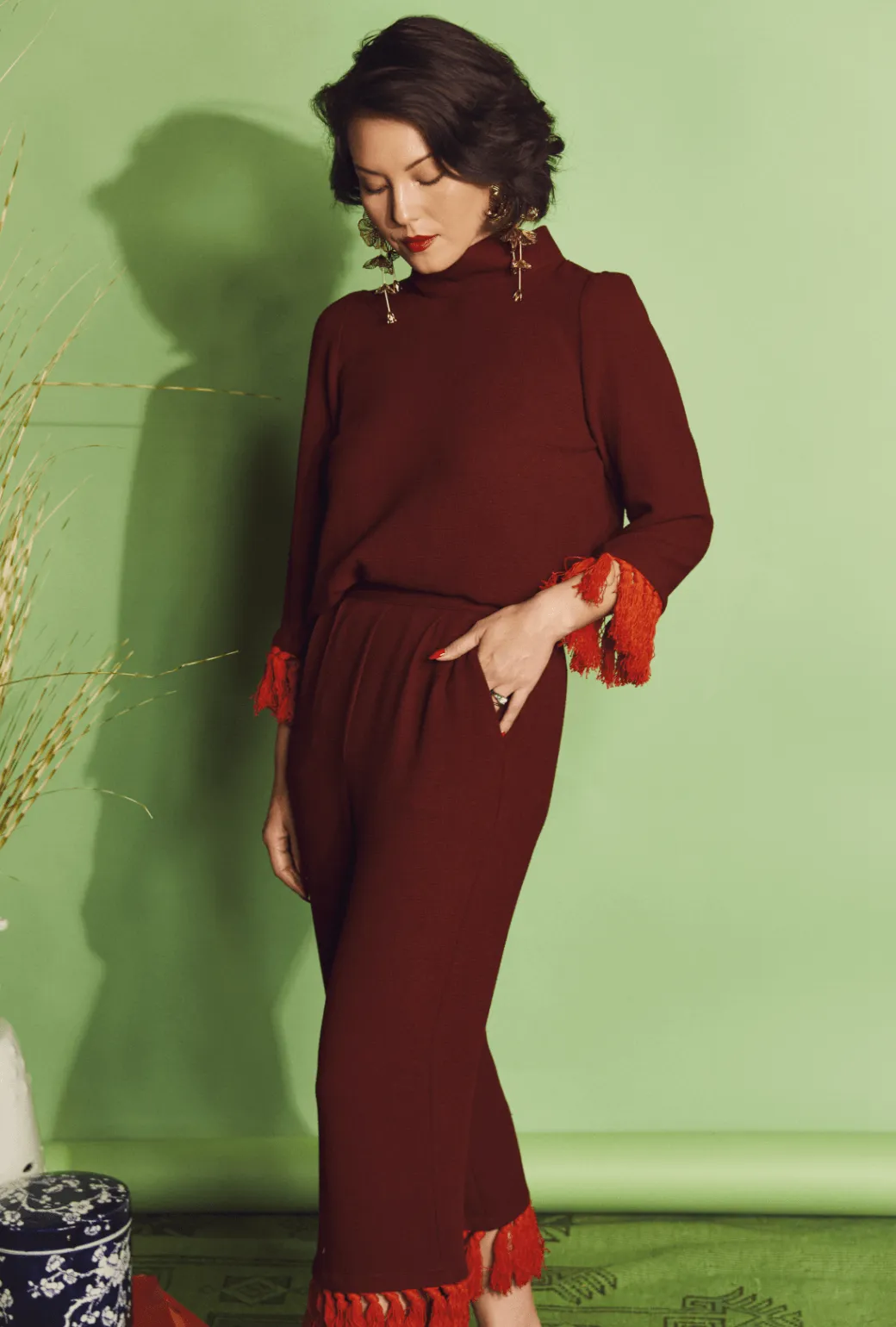 FrictionResistant Edges RibbedTexture Tasseled Lounge Top  - Maroon & Orange