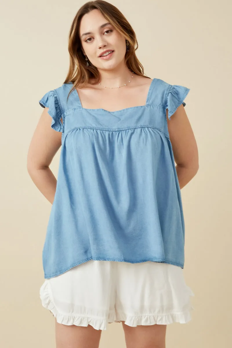 Buttery Soft Feel Tencel Square Neck Ruffle Cap Sleeve Top
