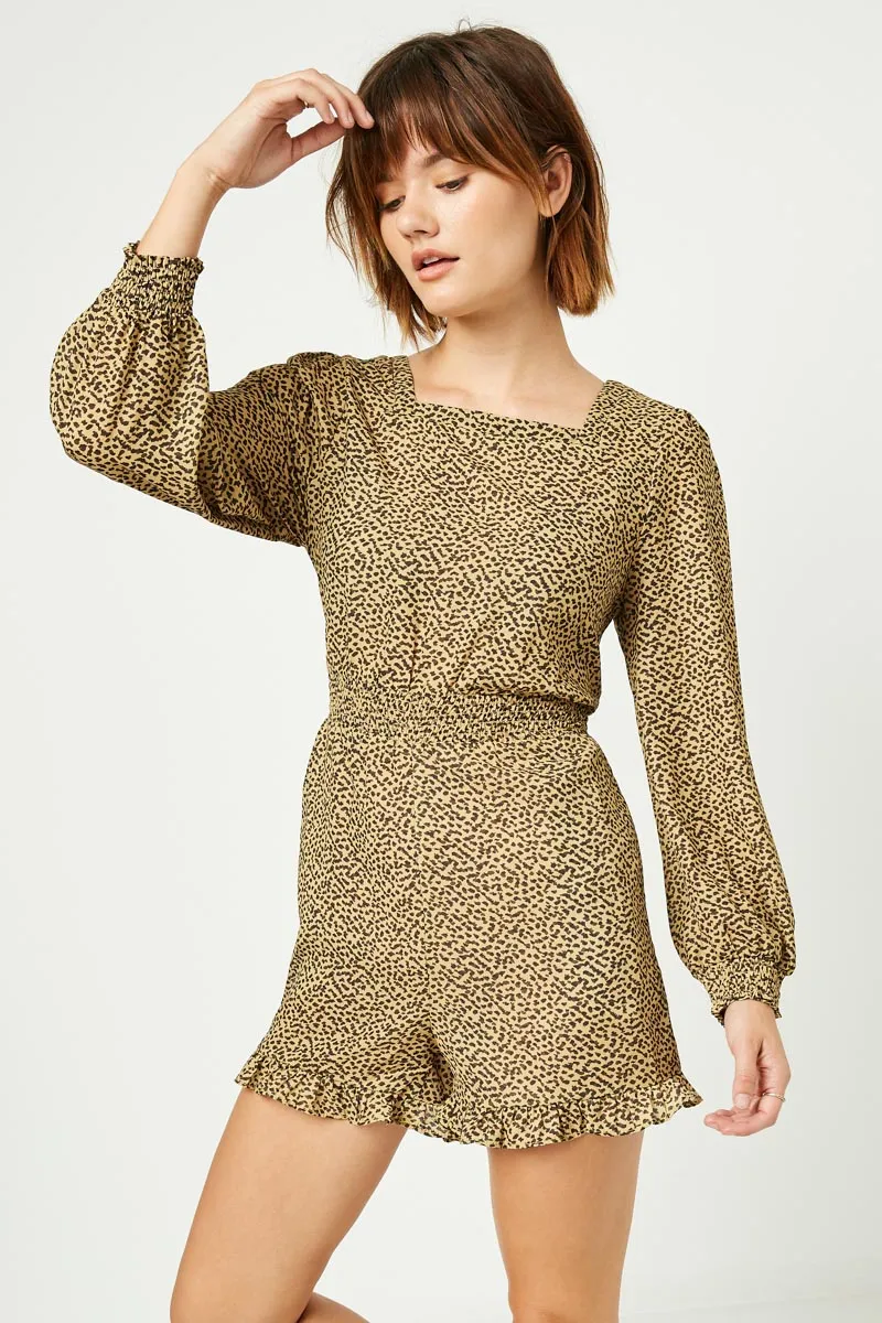 Printed Long Sleeve Smock Waist Romper Street Casual Mesh-Sleeve