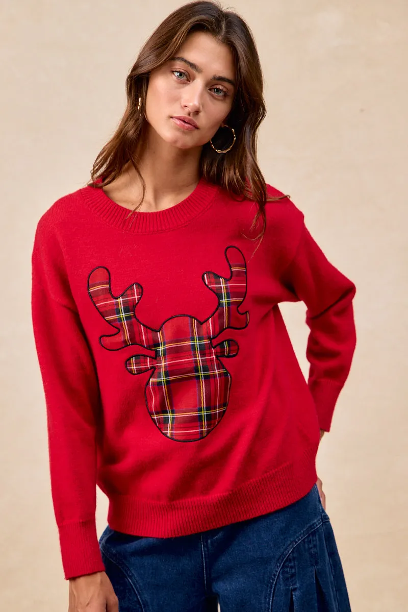 IP8254S-11 | CHRISTMAS PLAID RUDOLPH KNIT TOP TaglessCollar